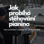 Stěhováci manipulují se zabaleným pianinem u dodávky v zimním prostředí. Přes fotku je velký nápis ‚Jak probíhá stěhování pianina‘ a podtitul ‚Krok za krokem • bezpečně • profesionálně