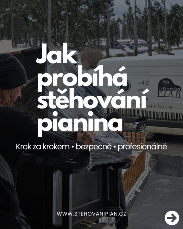 Stěhováci manipulují se zabaleným pianinem u dodávky v zimním prostředí. Přes fotku je velký nápis ‚Jak probíhá stěhování pianina‘ a podtitul ‚Krok za krokem • bezpečně • profesionálně